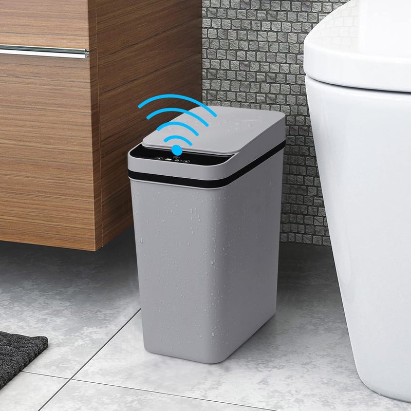 Anborry Smart Touchless Bathroom Trash Can 2.2 Gallon Automatic Motion Sensor Rubbish Can with Lid Electric Narrow Small Garbage Bin for Kitchen, Office, Toilet, Bedroom (Grey) - Image 1